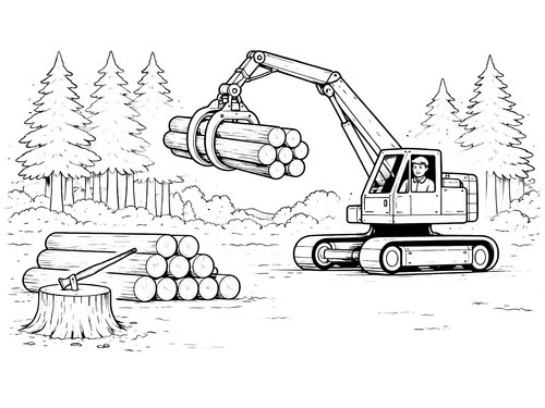 Thumbnail Ausmalbild Bagger mit Holzgreifer