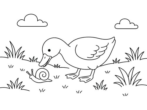 Thumbnail Ausmalbild Ente fängt Schnecke