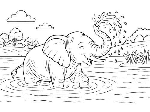 Thumbnail Ausmalbild Elefant planscht im Wasser