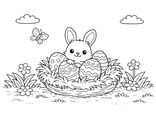 Thumbnail Ausmalbild Ostern Osternest mit Hase