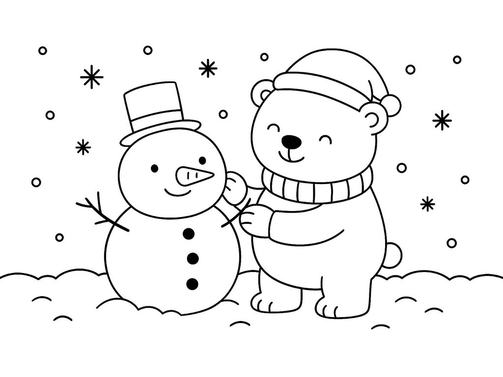 Ausmalbild Einbär baut einen Schneemann