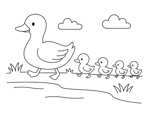 Thumbnail Ausmalbild Enten watscheln am See entlang