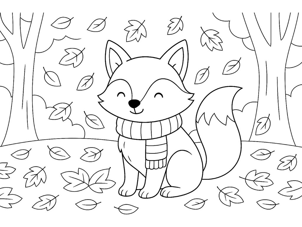 Ausmalbild Herbst Fuchs Laub