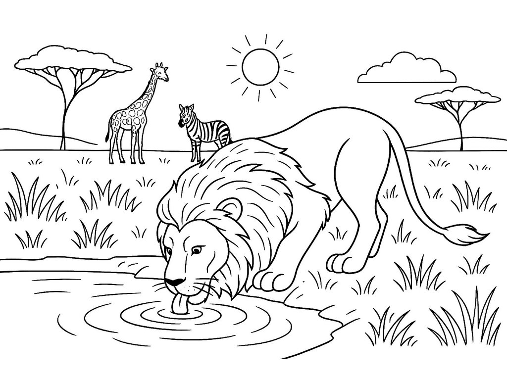 Ausmalbild Löwe am Wasserloch