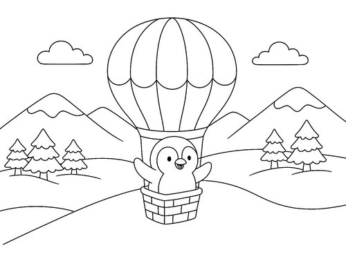 Thumbnail Ausmalbild Pinguin im Heissluftballon