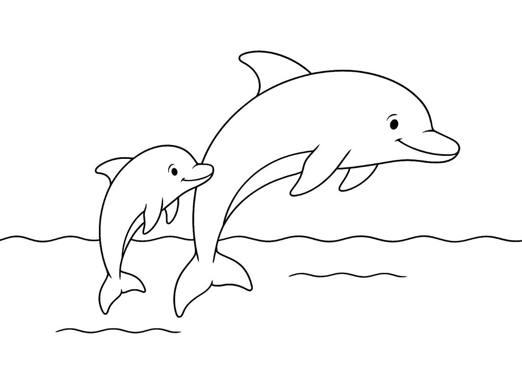 Ausmalbild Delfinmutter mit Jungem