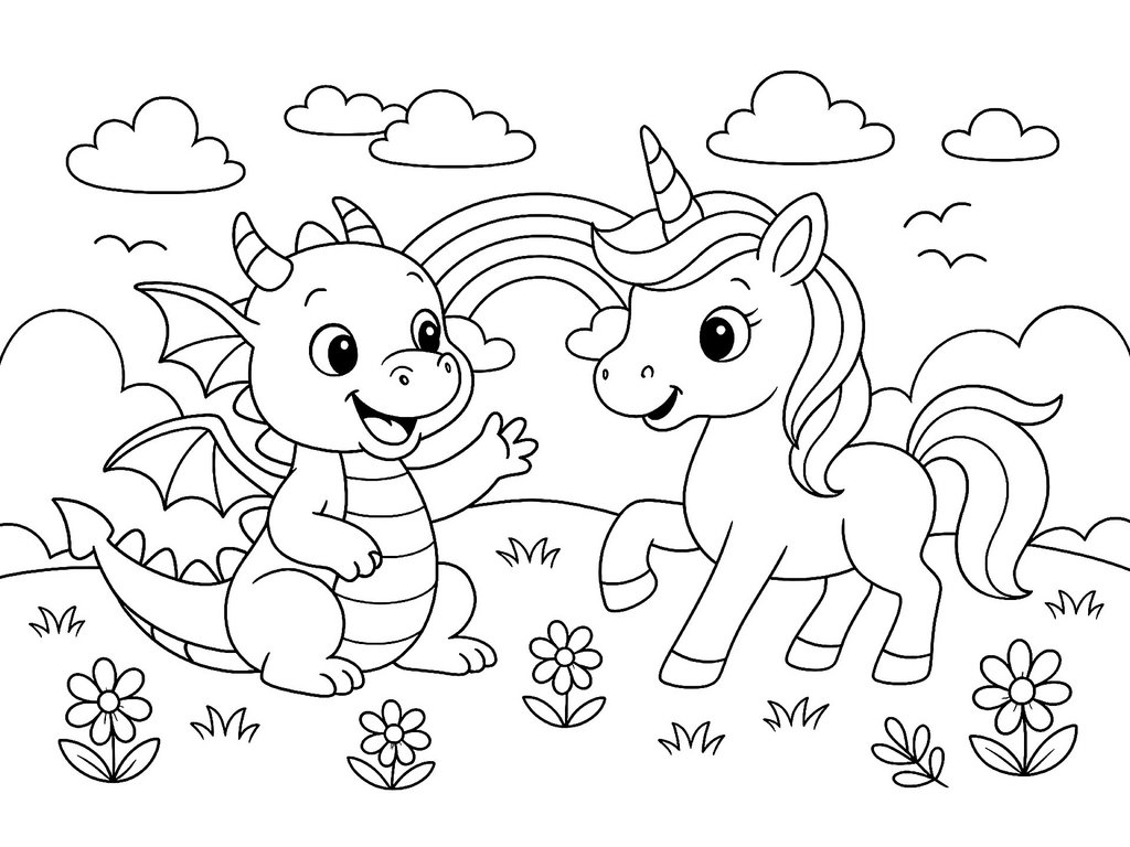 Ausmalbild Drache und Einhorn