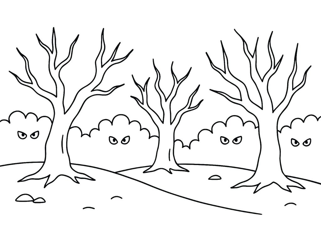 Ausmalbild Halloween Gruselwald