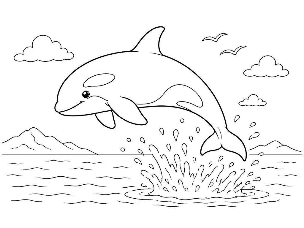 Ausmalbild Wal Orca springt ins Wasser