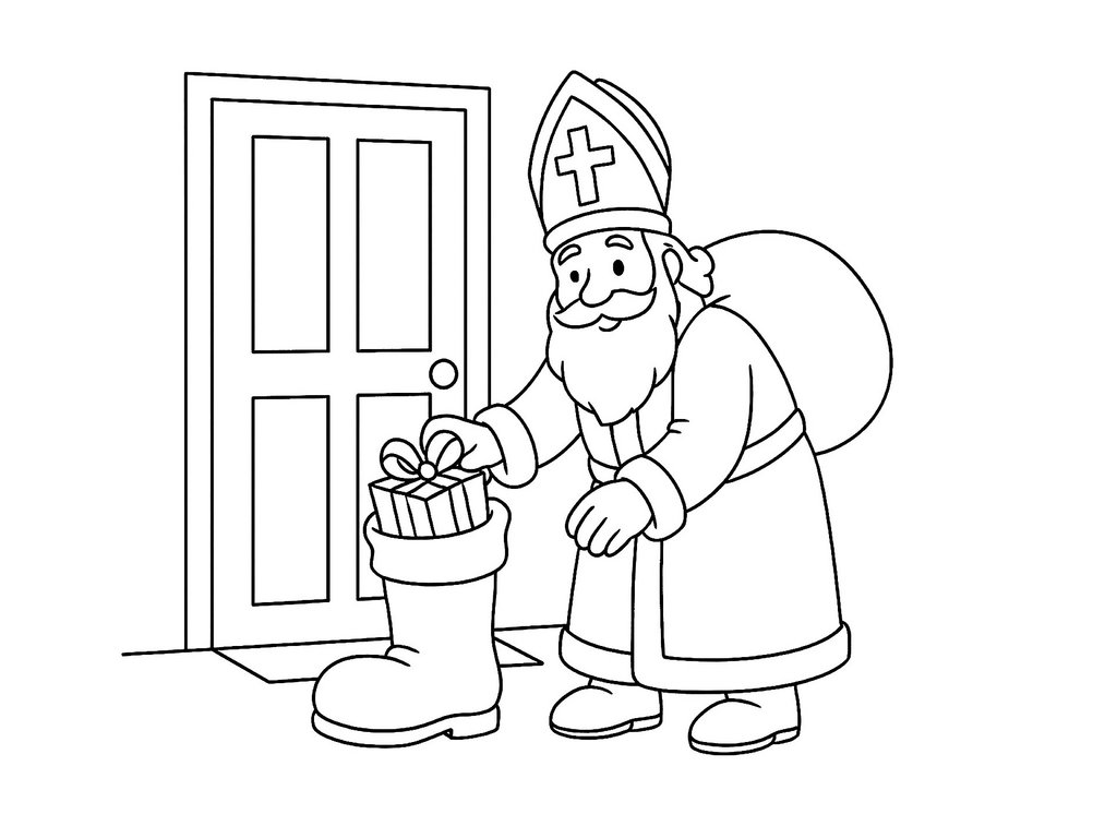 Ausmalbild Nikolaus tut Geschenke in Stiefel