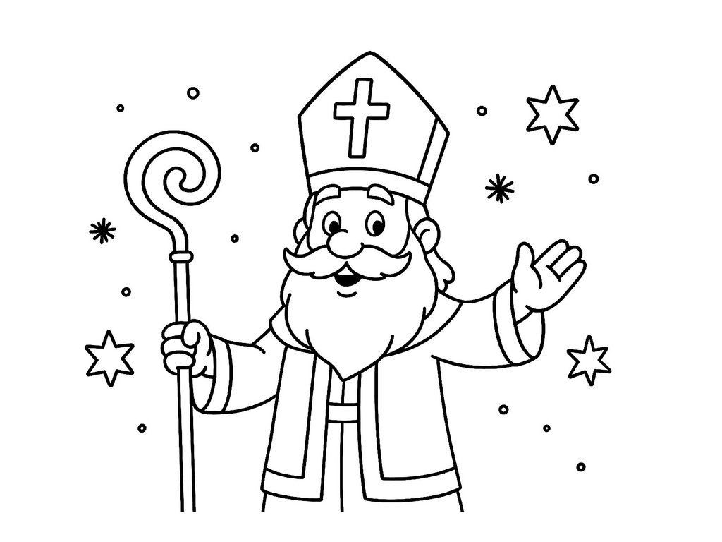 Ausmalbild Nikolaus mit Stab