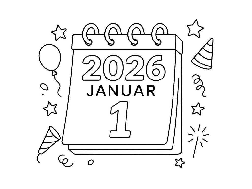 Ausmalbild 2026 Kalenderblatt 1 Januar