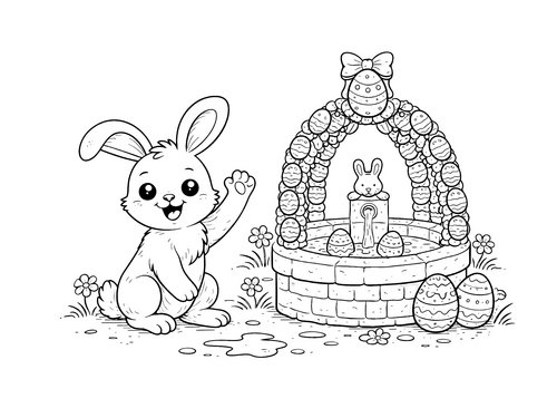 Thumbnail Ausmalbild Ostern Osterhase neben Osterbrunnen