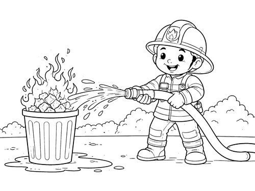 Thumbnail Ausmalbild Feuerwehr Feuerwehrmann löscht Feuer in MĂŒlltonne
