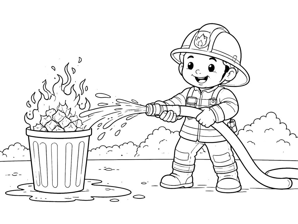 Ausmalbild Feuerwehr Feuerwehrmann löscht Feuer in Mülltonne