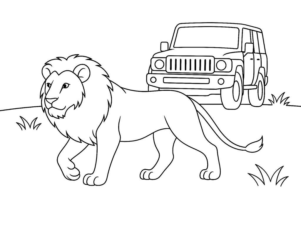 Ausmalbild Löwe vor Jeep