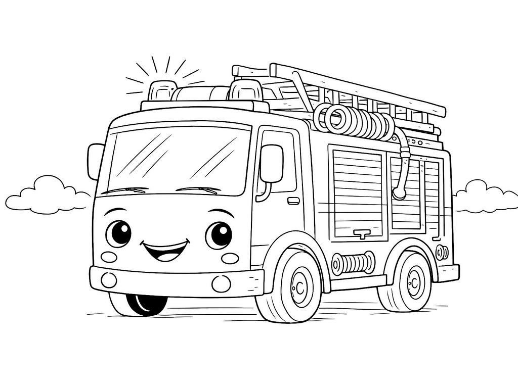 Ausmalbild Feuerwehr Feuerwehrauto mit lachendem Gesicht