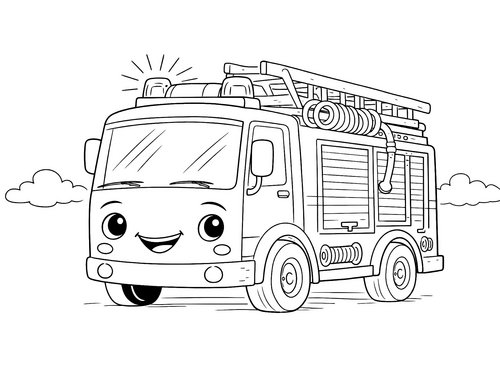 Thumbnail Ausmalbild Feuerwehr Feuerwehrauto mit lachendem Gesicht