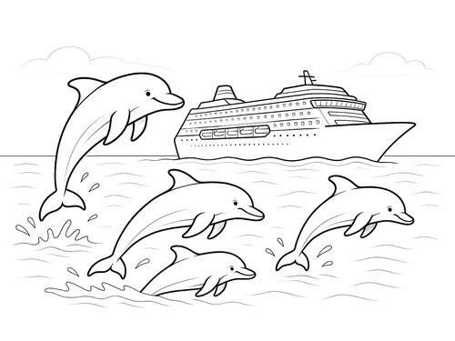 Thumbnail Ausmalbild Delfin und Kreuzfahrtschiff