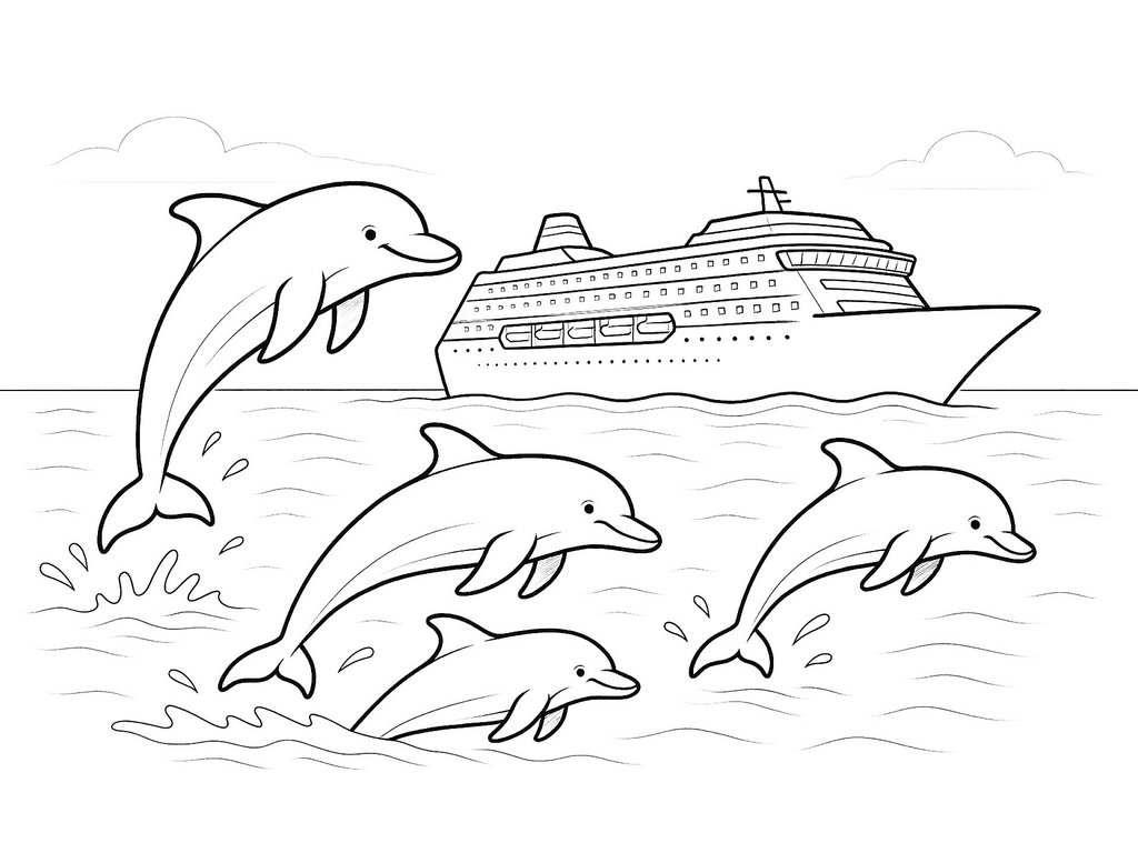 Ausmalbild Delfin und Kreuzfahrtschiff