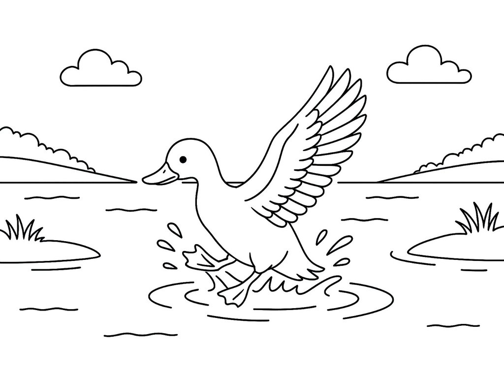 Ausmalbild Ente landet im Wasser