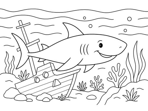 Thumbnail Ausmalbild Hai und Schiffswrack