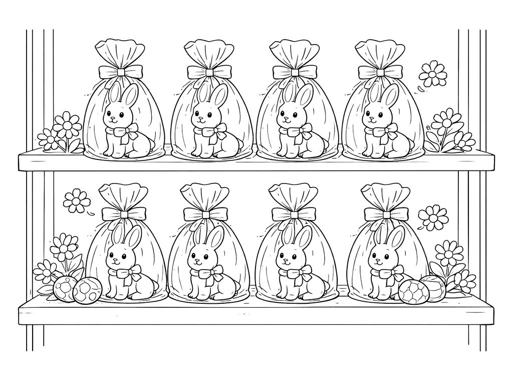 Ausmalbild Ostern Schokoosterhasen im Regal