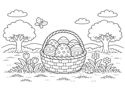 Thumbnail Ausmalbild Ostern Osterkorb auf Wiese