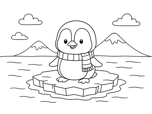 Thumbnail Ausmalbild Winter Pinpuin auf Eisscholle