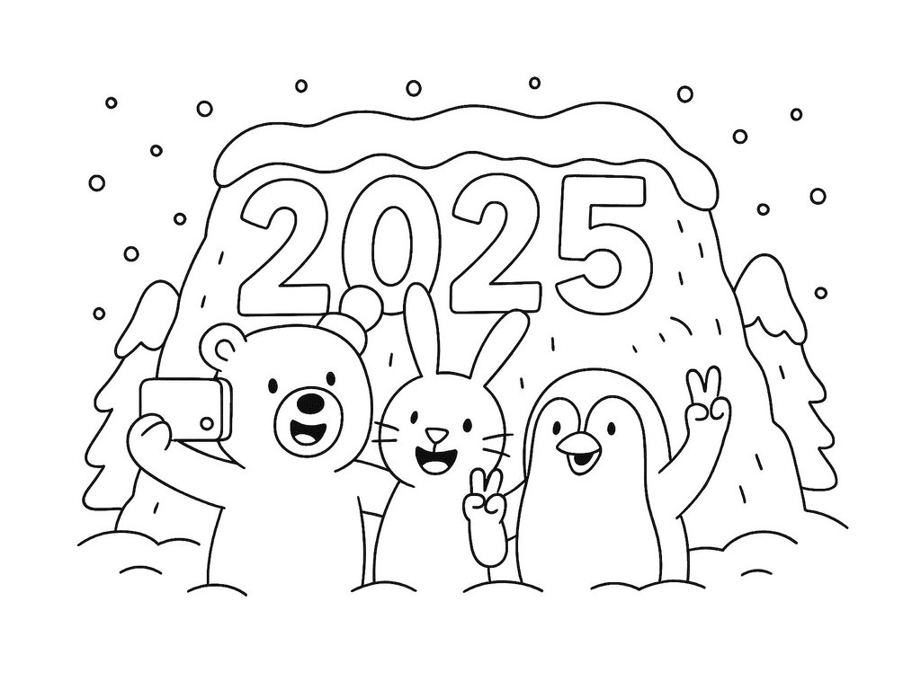 Ausmalbild 2025 Tiere machen Selfies vor Schneewand