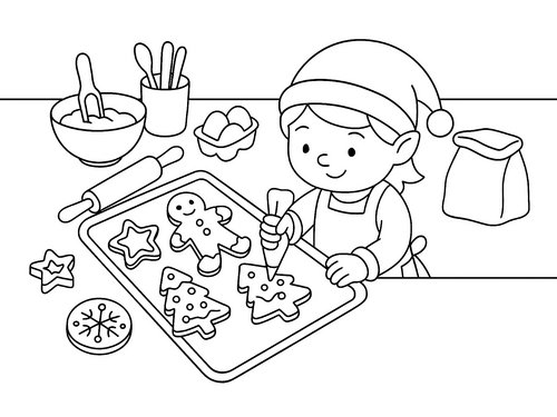 Thumbnail Ausmalbild Weihnachten Wichtel backt Plätzchen