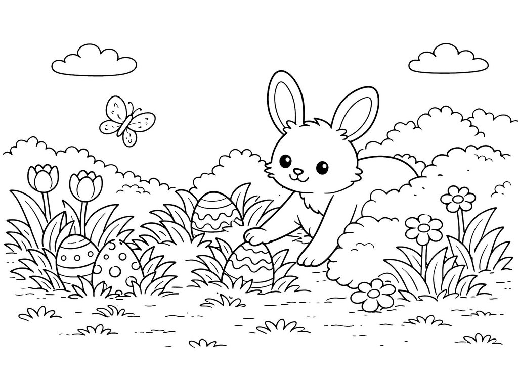 Ausmalbild Ostern Osterhase versteckt Ostereier