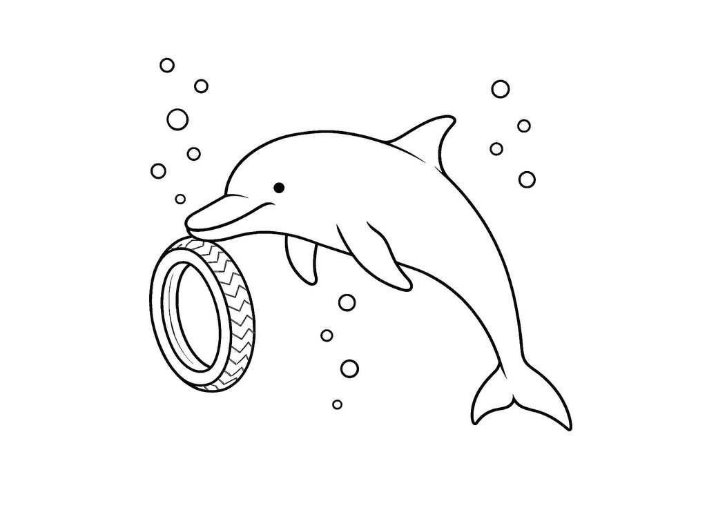 Ausmalbild Delfin und Reifen
