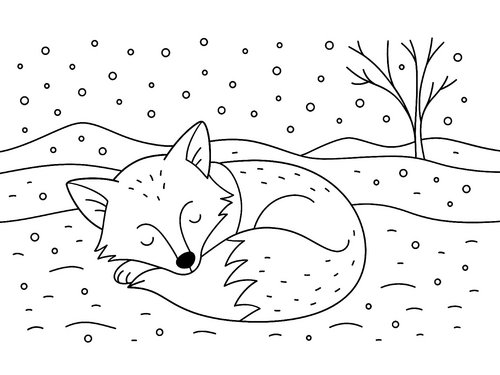 Thumbnail Ausmalbild Winter Fuchs im Schnee