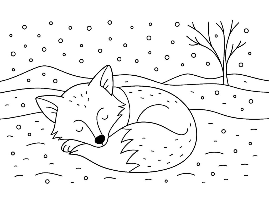 Ausmalbild Winter Fuchs im Schnee
